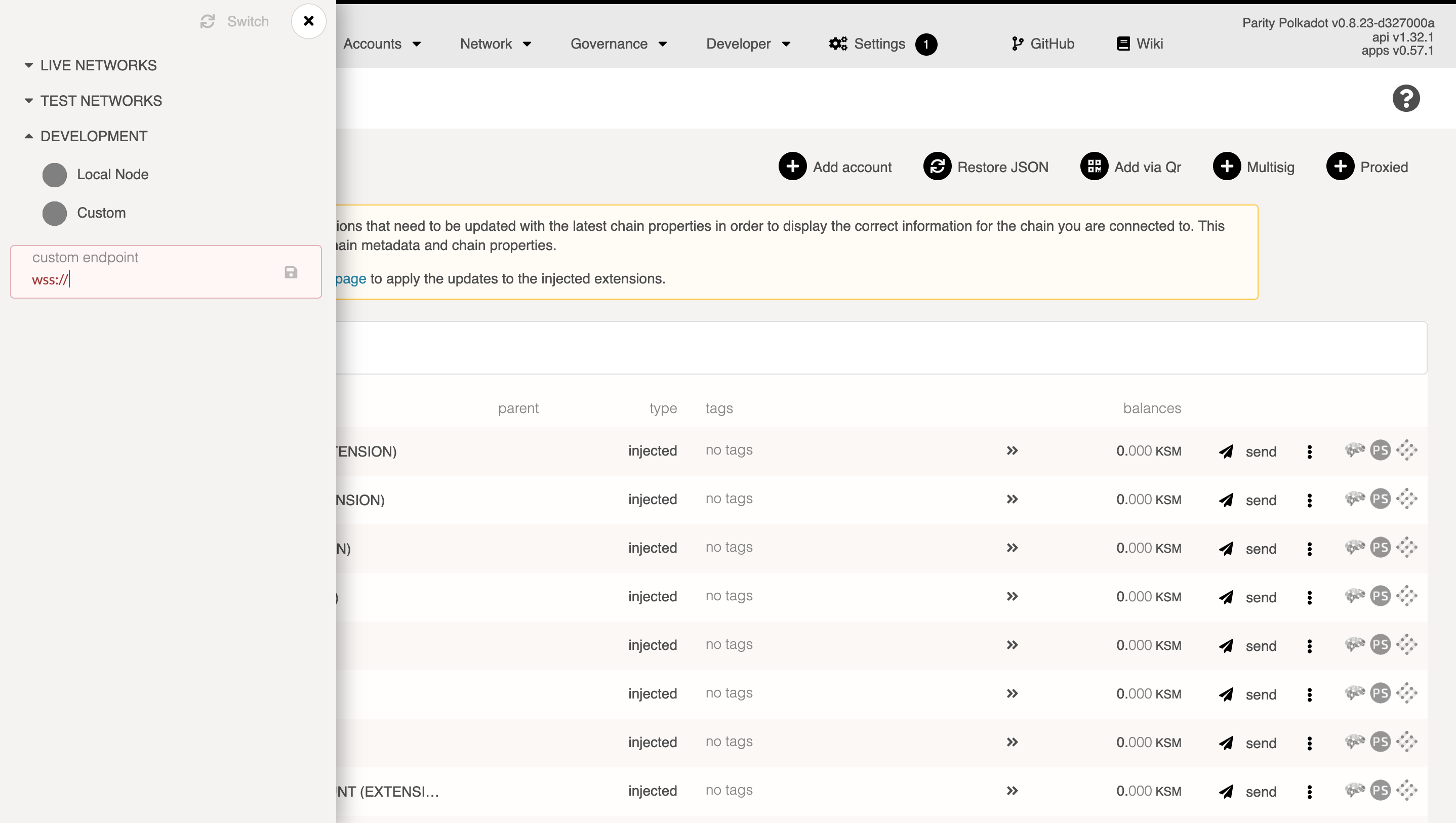 A sync-in-progress chain connected to Polkadot.js UI